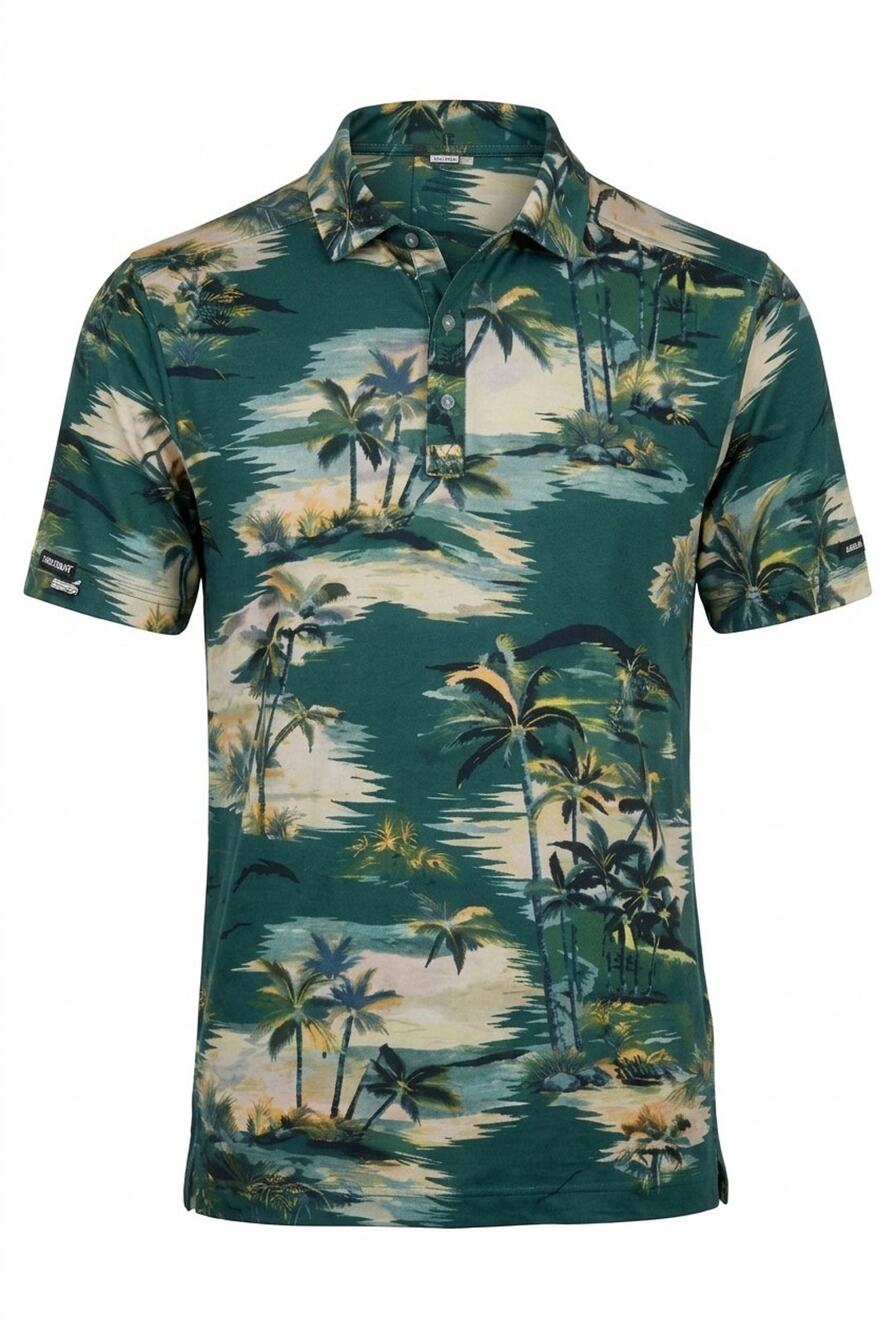 Bad Birdie Men's Tropic Thunder Golf Polo Shirt Green Palm Tropical Size XL